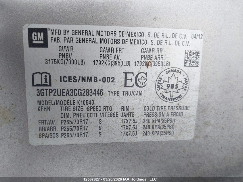 2012 GMC Sierra K1500 Sl VIN: 3GTP2UEA3CG283446 Lot: 12567827