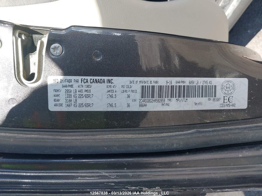 2017 Dodge Grand Caravan Se VIN: 2C4RDGBG2HR582859 Lot: 12567838