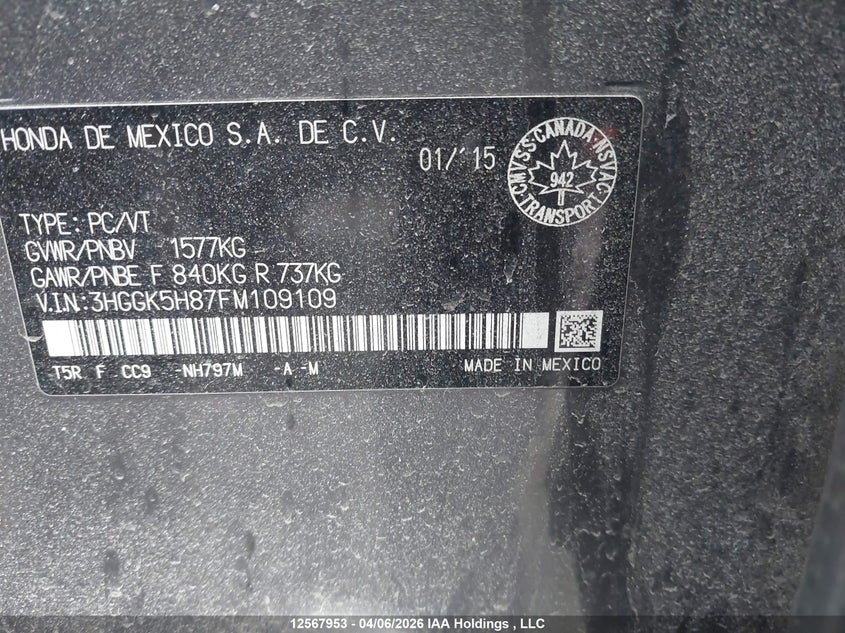 2015 Honda Fit VIN: 3HGGK5H87FM109109 Lot: 12567953