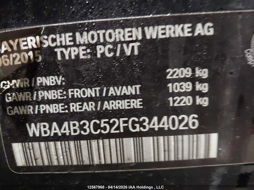 2015 BMW 435I Gran Coupe xDrive VIN: WBA4B3C52FG344026 Lot: 12567968