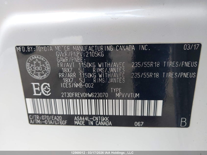 2017 Toyota Rav4 Limited/Se/Platinum VIN: 2T3DFREV0HW623070 Lot: 12568012