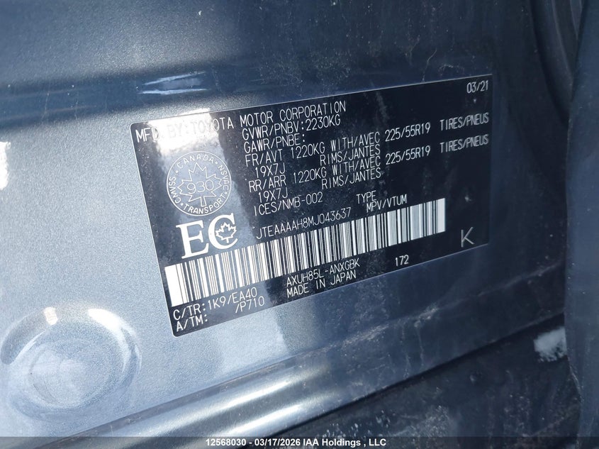 2021 Toyota Venza Le/Xle/Limited VIN: JTEAAAAH8MJ043637 Lot: 12568030