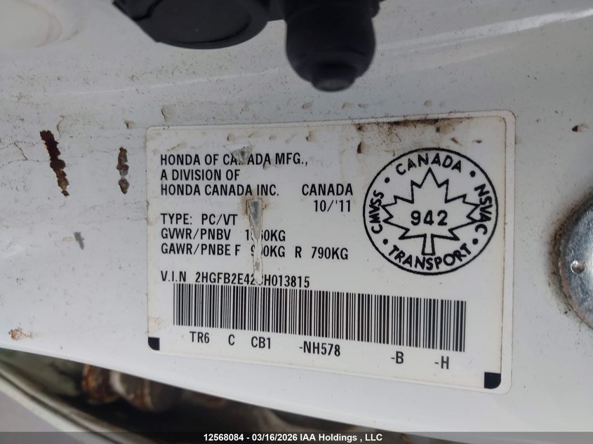 2012 Honda Civic VIN: 2HGFB2E42CH013815 Lot: 12568084