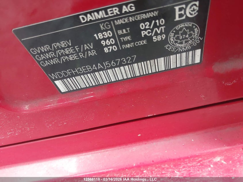 2010 Mercedes-Benz B200 T VIN: WDDFH3EB4AJ567327 Lot: 12568118