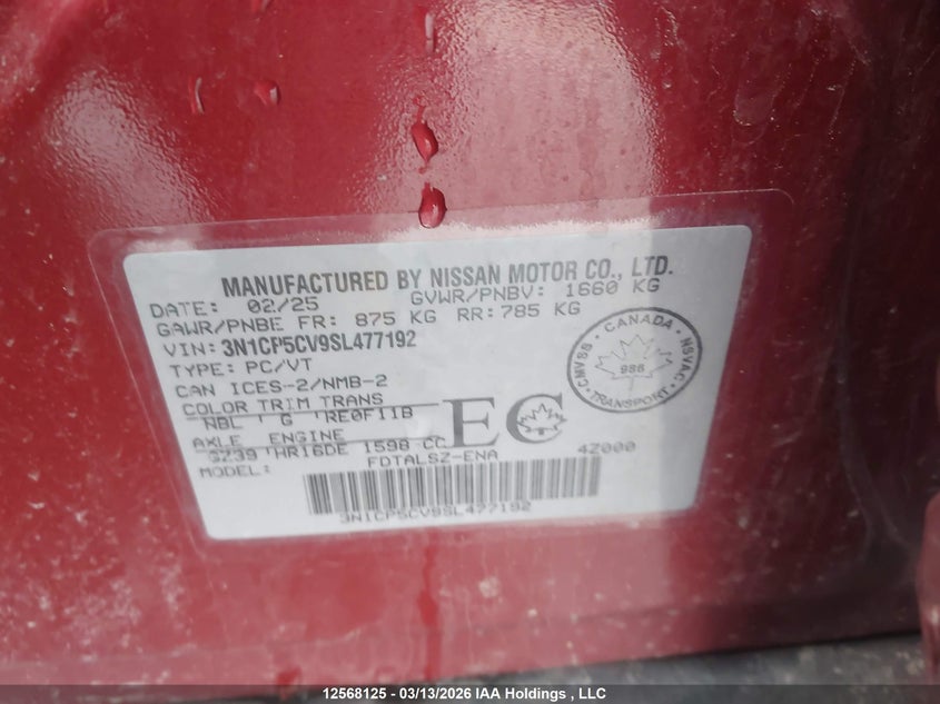 2025 Nissan Kicks Play Sv VIN: 3N1CP5CV9SL477192 Lot: 12568125