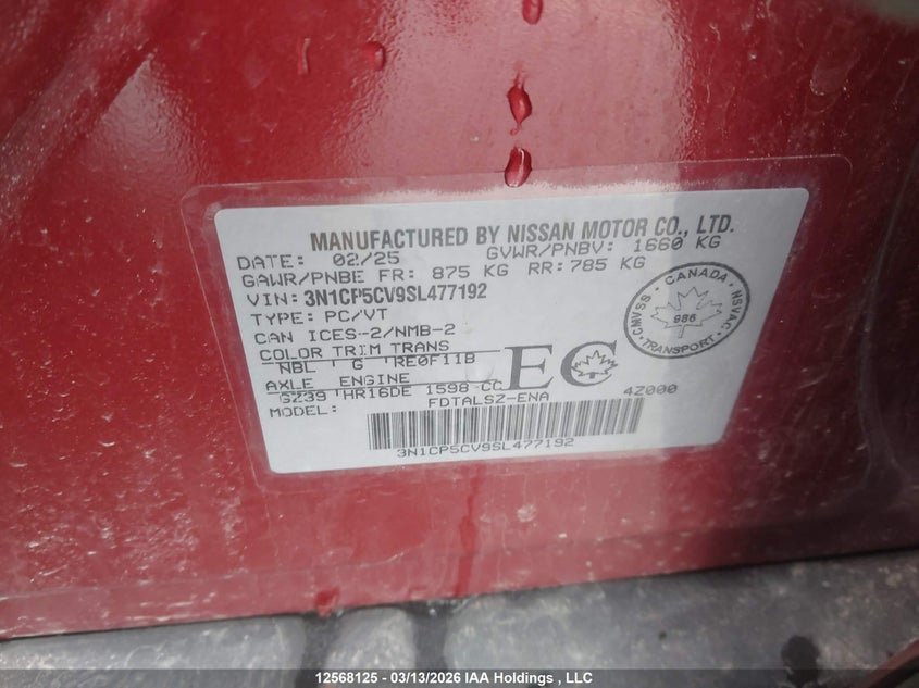 2025 Nissan Kicks Play Sv VIN: 3N1CP5CV9SL477192 Lot: 12568125