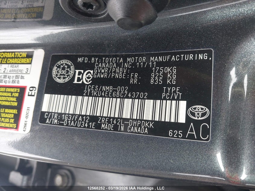 2011 Toyota Corolla Matrix VIN: 2T1KU4EE6BC743702 Lot: 12568252