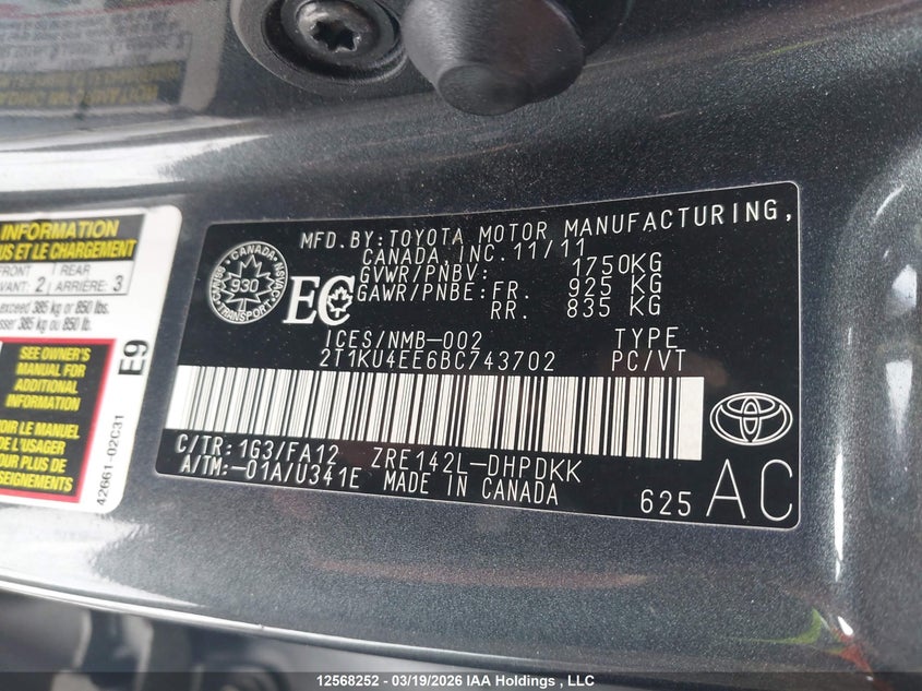 2011 Toyota Corolla Matrix VIN: 2T1KU4EE6BC743702 Lot: 12568252