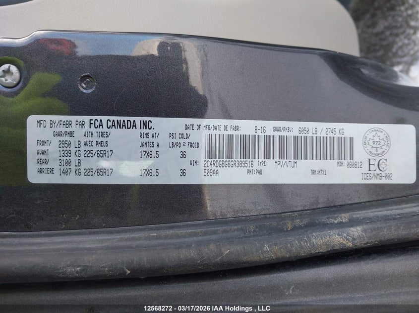 2016 Dodge Grand Caravan Se/Sxt VIN: 2C4RDGBG6GR389516 Lot: 12568272