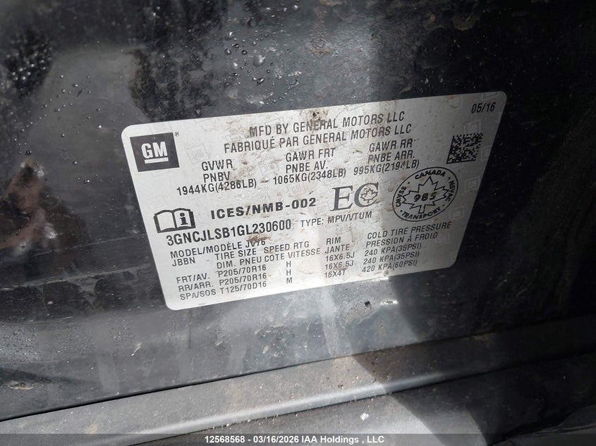2016 Chevrolet Trax VIN: 3GNCJLSB1GL230600 Lot: 12568568