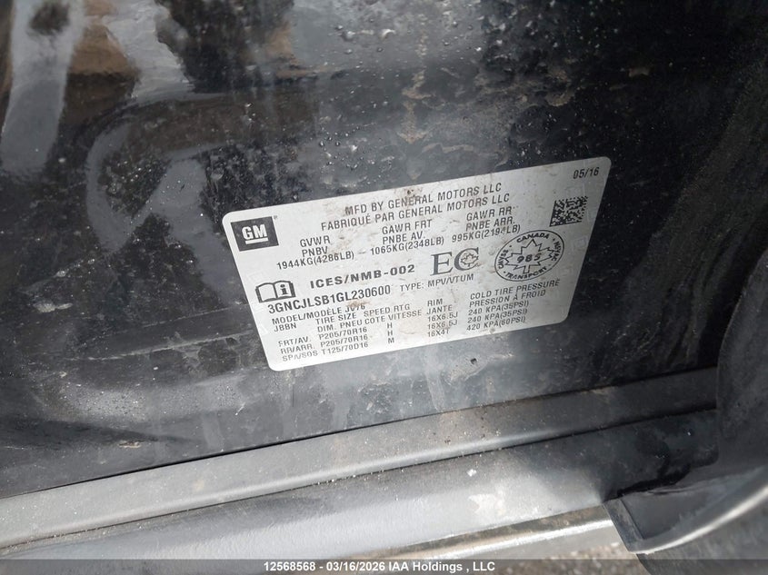 2016 Chevrolet Trax VIN: 3GNCJLSB1GL230600 Lot: 12568568