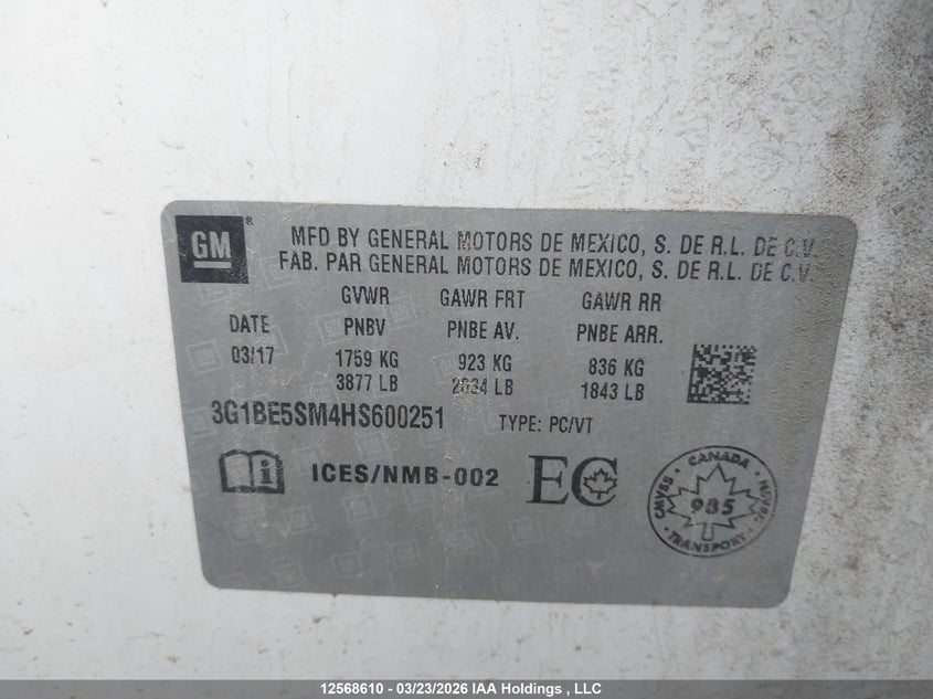 2017 Chevrolet Cruze Lt VIN: 3G1BE5SM4HS600251 Lot: 12568610