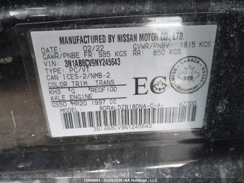 2022 Nissan Sentra Sv VIN: 3N1AB8CV9NY245643 Lot: 12568663