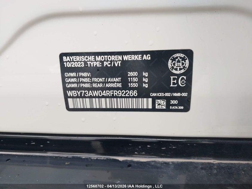 2024 BMW I4 Edrive 40 VIN: WBY73AW04RFR92266 Lot: 12568702