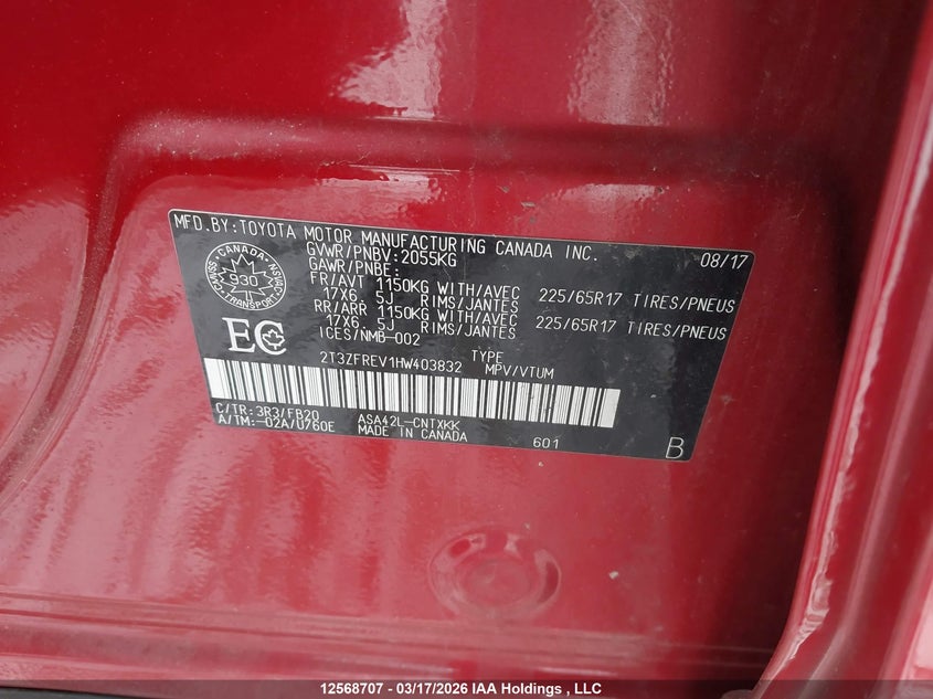 2017 Toyota Rav4 Le VIN: 2T3ZFREV1HW403832 Lot: 12568707