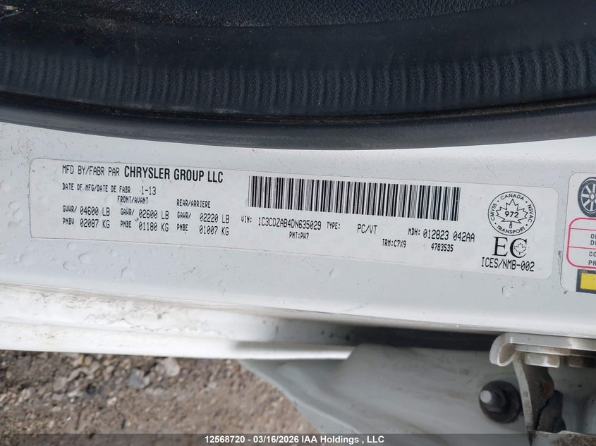 2013 Dodge Avenger Se VIN: 1C3CDZAB4DN635029 Lot: 12568720