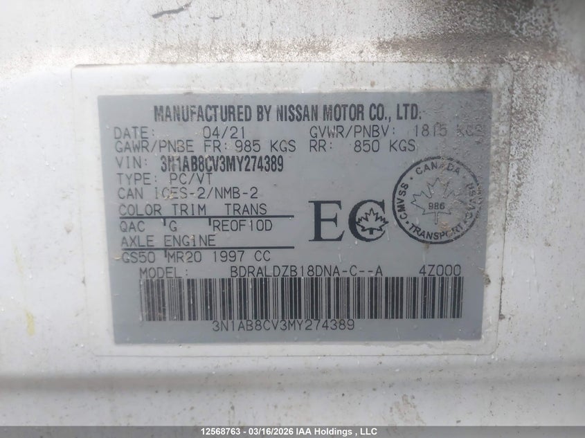 2021 Nissan Sentra Sv VIN: 3N1AB8CV3MY274389 Lot: 12568763