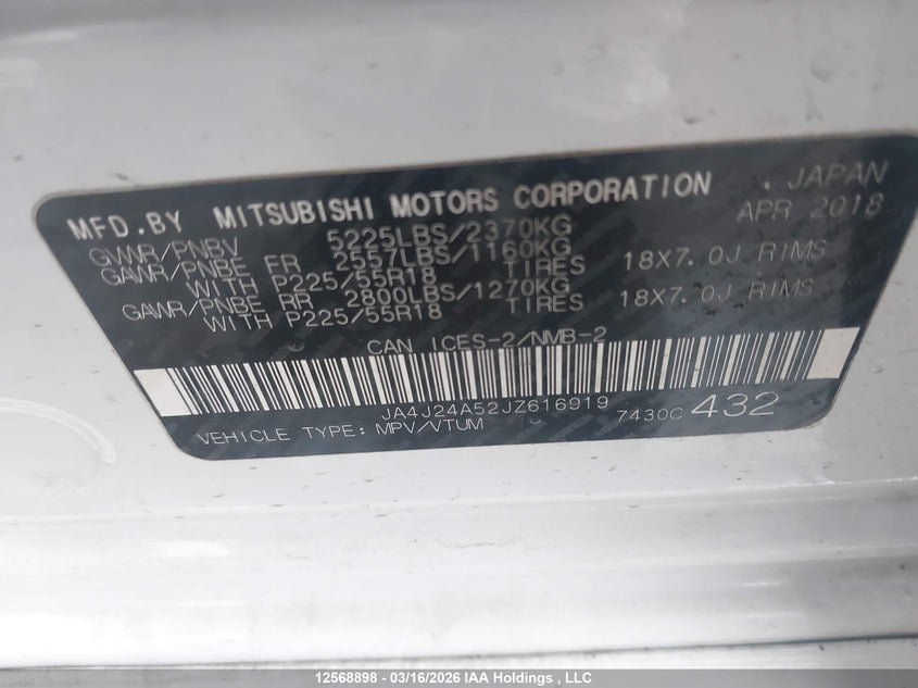 2018 MITSUBISHI OUTLANDER SPORT UTILITY VEHICLE 2.0L I-4 DOHC, VVT, 117HP