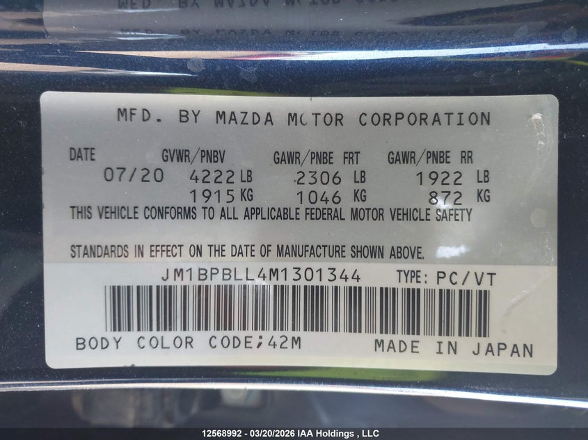 2021 Mazda 3 Preferred VIN: JM1BPBLL4M1301344 Lot: 12568992