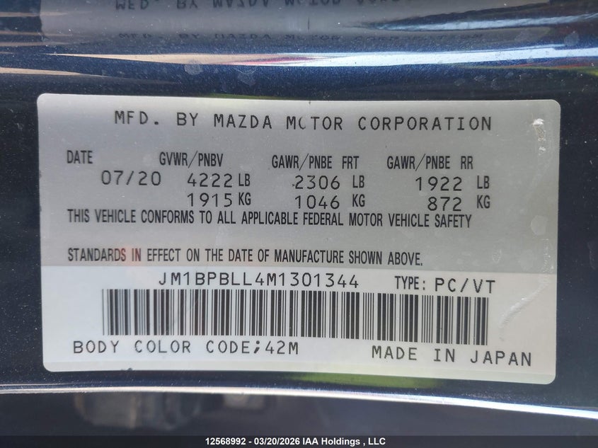 2021 Mazda 3 Preferred VIN: JM1BPBLL4M1301344 Lot: 12568992