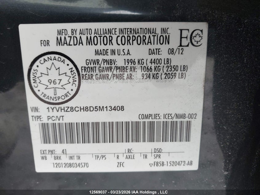 2013 Mazda Mazda6 Gt-I4 VIN: 1YVHZ8CH8D5M13408 Lot: 12569037