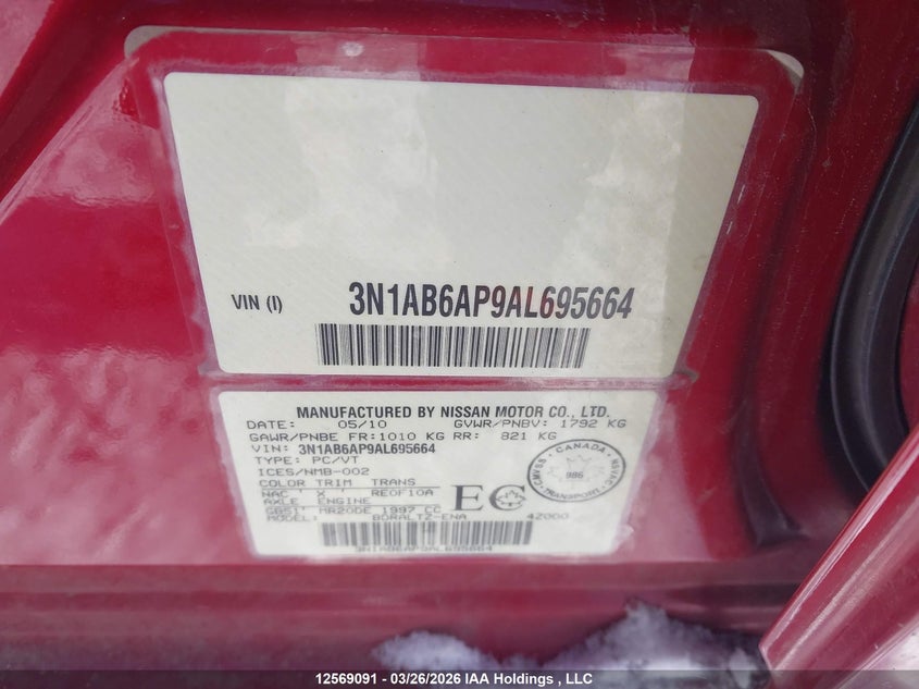 2010 Nissan Sentra 2.0/2.0S/Sr/2.0Sl VIN: 3N1AB6AP9AL695664 Lot: 12569091