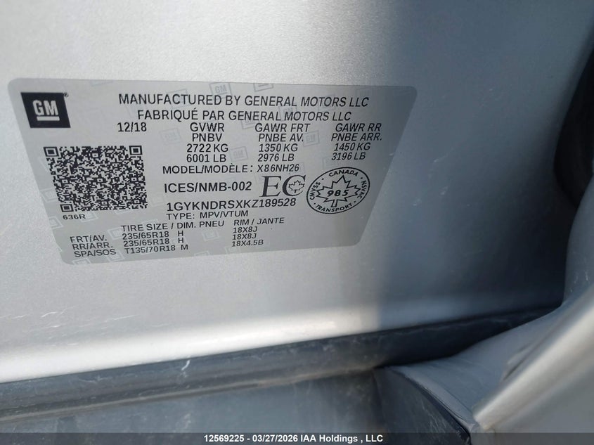 2019 Cadillac Xt5 VIN: 1GYKNDRSXKZ189528 Lot: 12569225