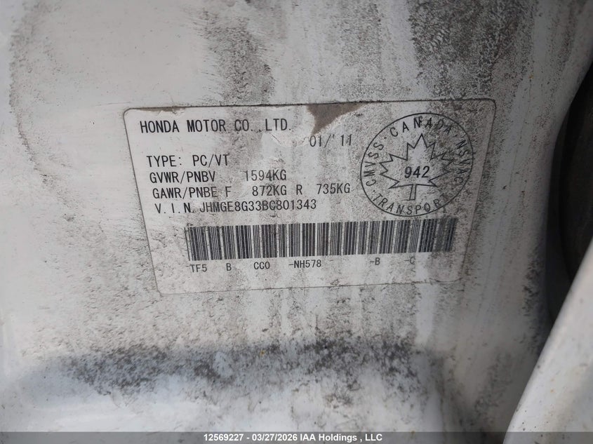 2011 Honda Fit VIN: JHMGE8G33BC801343 Lot: 12569227