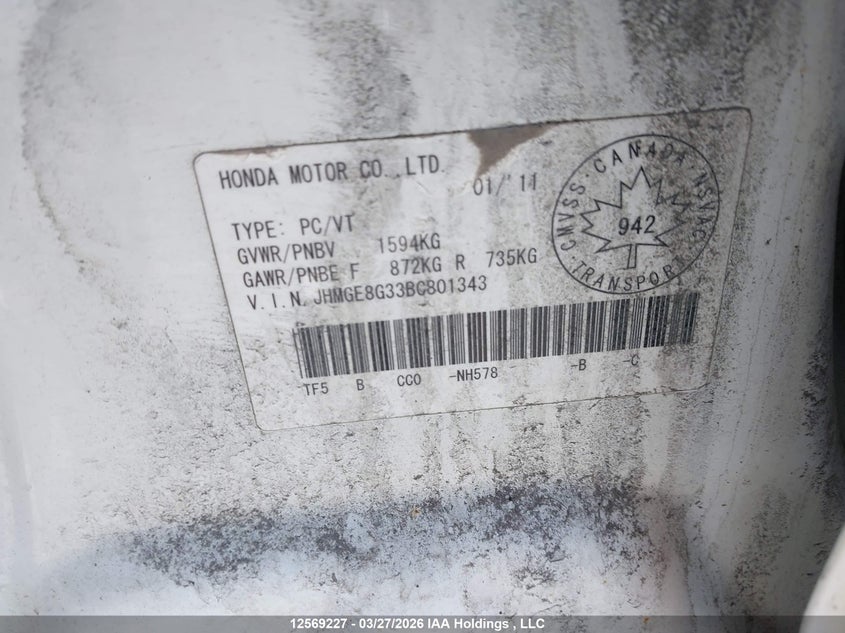 2011 Honda Fit VIN: JHMGE8G33BC801343 Lot: 12569227