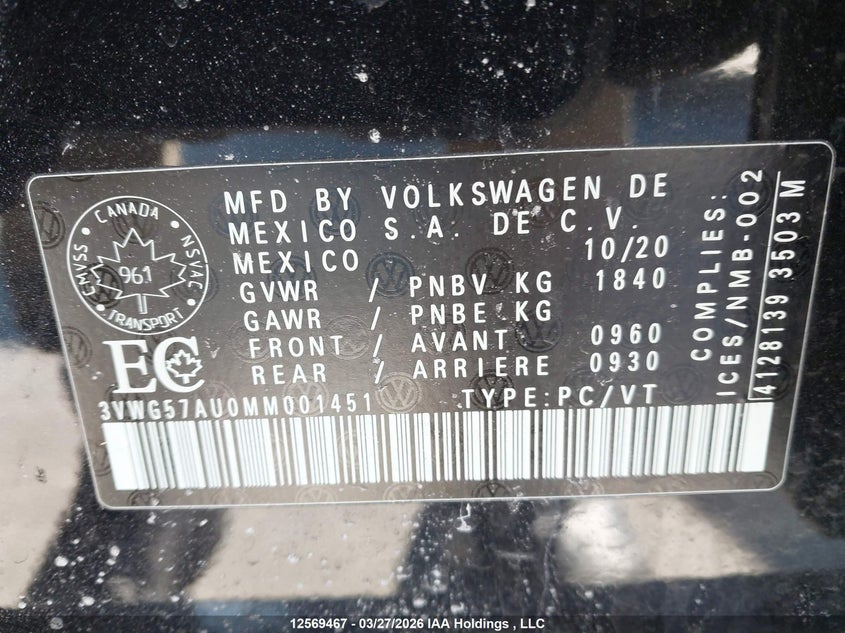 2021 Volkswagen Golf VIN: 3VWG57AU0MM001451 Lot: 12569467
