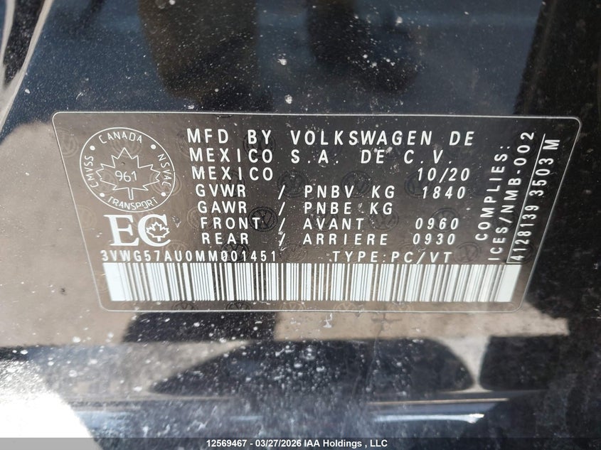 2021 Volkswagen Golf VIN: 3VWG57AU0MM001451 Lot: 12569467