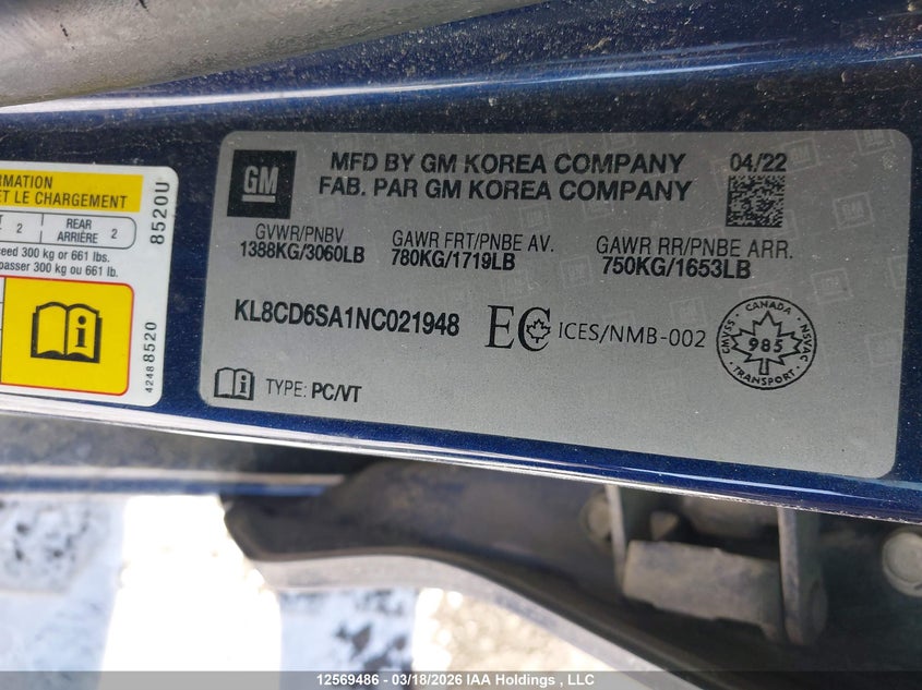 2022 Chevrolet Spark 1Lt Cvt VIN: KL8CD6SA1NC021948 Lot: 12569486