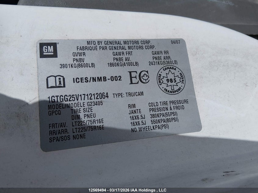 2007 GMC Savana Standard VIN: 1GTGG25V171212064 Lot: 12569494