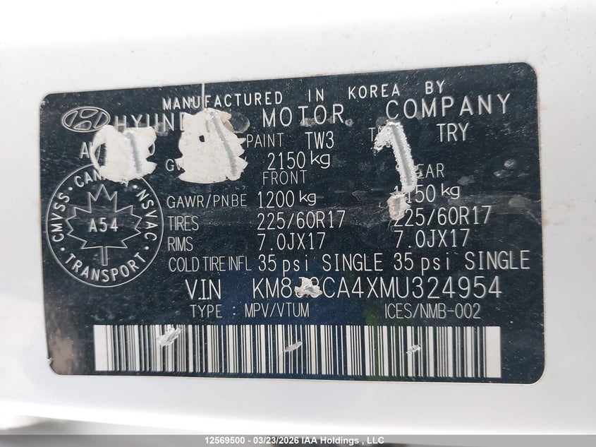 2021 Hyundai Tucson Limited/Sel/Sport/Ultimate/Value VIN: KM8J3CA4XMU324954 Lot: 12569500