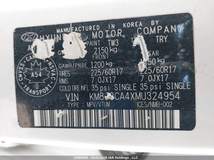 2021 Hyundai Tucson Limited/Sel/Sport/Ultimate/Value VIN: KM8J3CA4XMU324954 Lot: 12569500