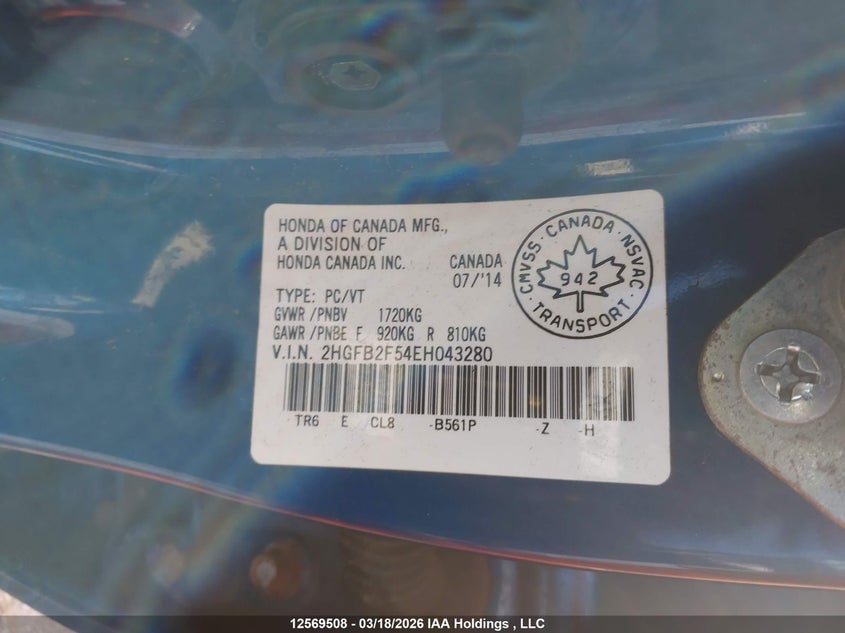 2014 Honda Civic Ex 4Dr VIN: 2HGFB2F54EH043280 Lot: 12569508