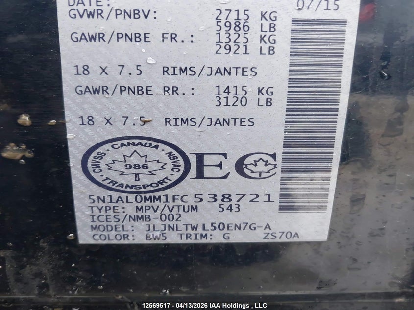 2015 Infiniti Qx60 VIN: 5N1AL0MM1FC538721 Lot: 12569517