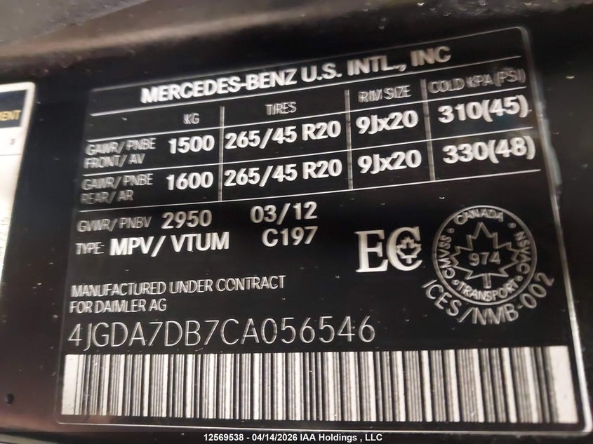 2012 Mercedes-Benz Ml 550 4Matic VIN: 4JGDA7DB7CA056546 Lot: 12569538