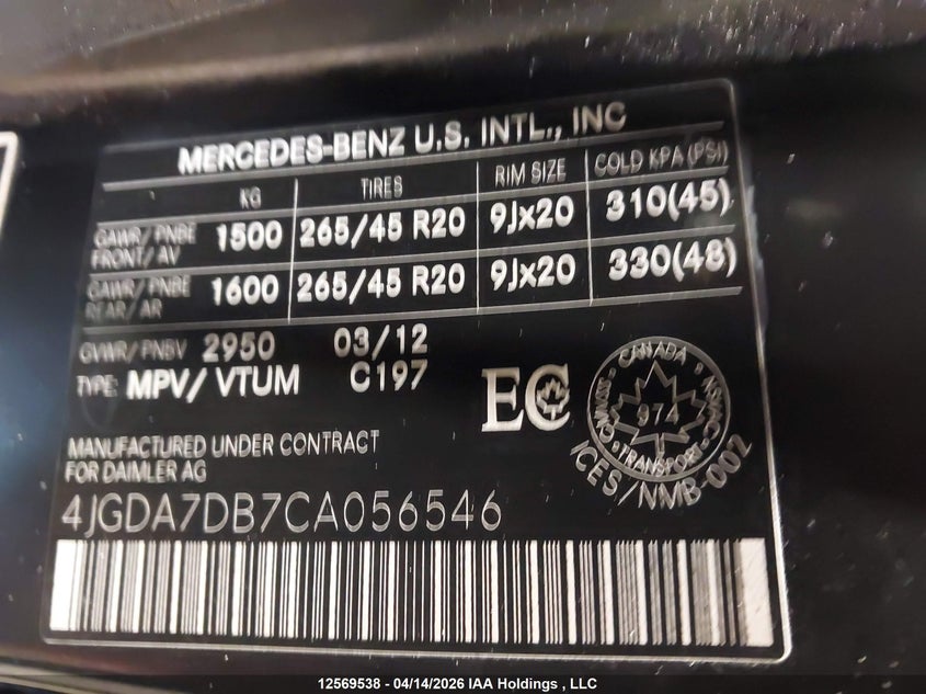 2012 Mercedes-Benz Ml 550 4Matic VIN: 4JGDA7DB7CA056546 Lot: 12569538