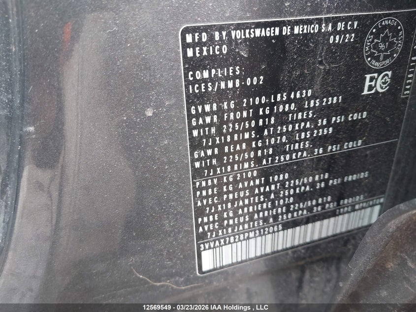 2023 Volkswagen Taos Trendline VIN: 3VVAX7B28PM312065 Lot: 12569549