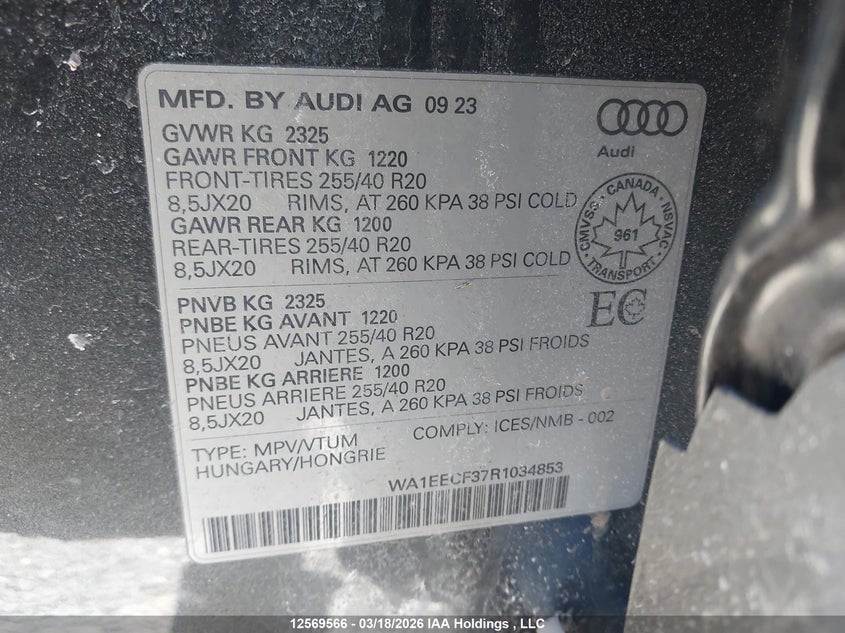 2024 Audi Q3 45 Progressiv VIN: WA1EECF37R1034853 Lot: 12569566