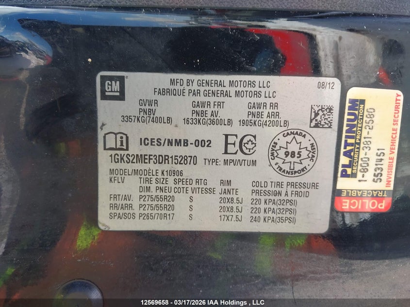 2013 GMC Yukon Xl 1500 Denali VIN: 1GKS2MEF3DR152870 Lot: 12569658