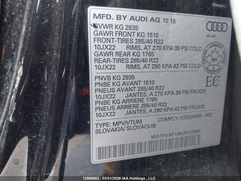 2019 Audi Q8 Prestige S-Line VIN: WA1FVAF16KD012886 Lot: 12569662