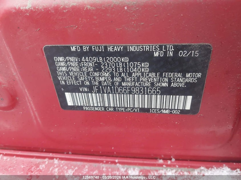 2015 Subaru Wrx Premium VIN: JF1VA1D66F9831665 Lot: 12569740