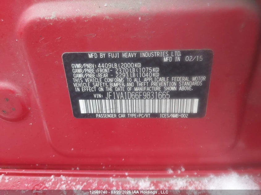 2015 Subaru Wrx Premium VIN: JF1VA1D66F9831665 Lot: 12569740