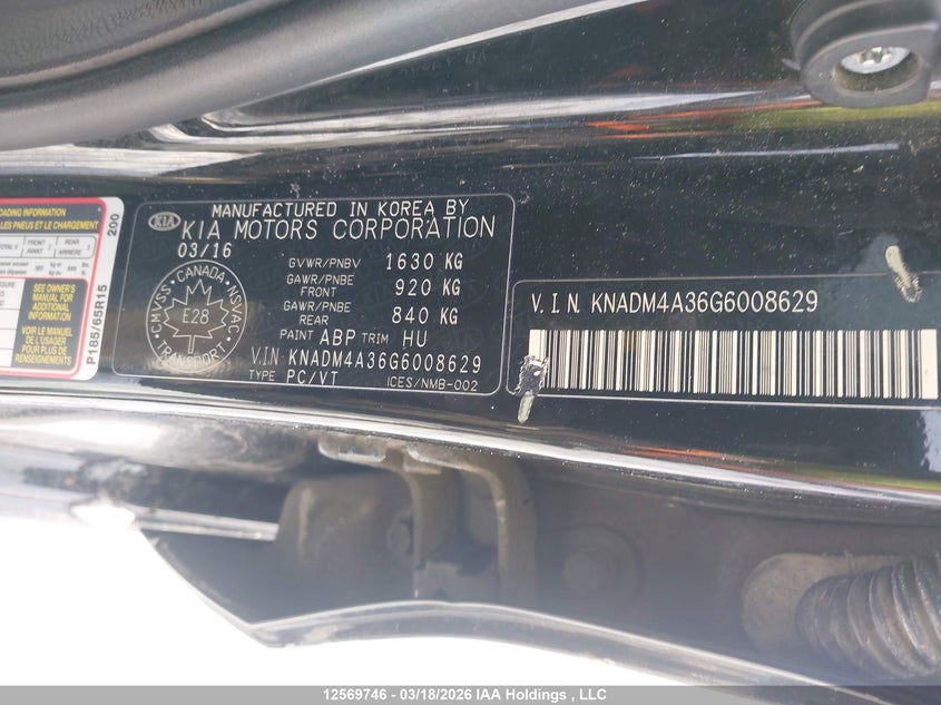 2016 Kia Rio Ex/Ex+ W/Sunroof/Lx/Lx+/Lx+ Eco/Sx VIN: KNADM4A36G6008629 Lot: 12569746