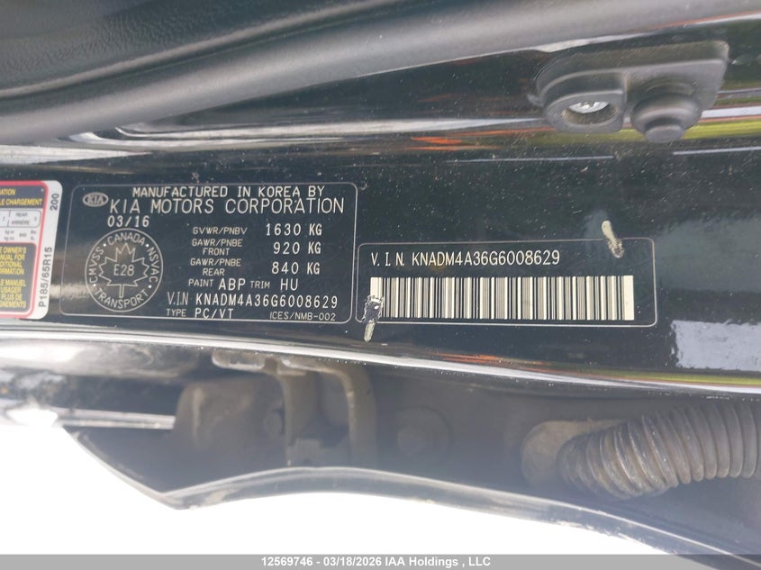 2016 Kia Rio Ex/Ex+ W/Sunroof/Lx/Lx+/Lx+ Eco/Sx VIN: KNADM4A36G6008629 Lot: 12569746