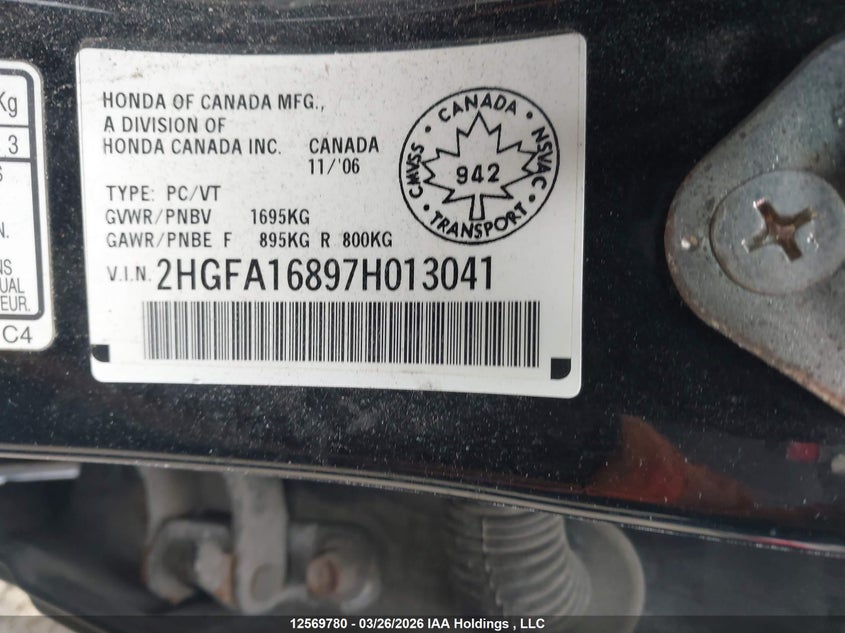 2007 Honda Civic Ex 4Dr VIN: 2HGFA16897H013041 Lot: 12569780