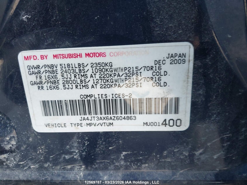 2010 Mitsubishi Outlander Xls VIN: JA4JT3AX6AZ604863 Lot: 12569787