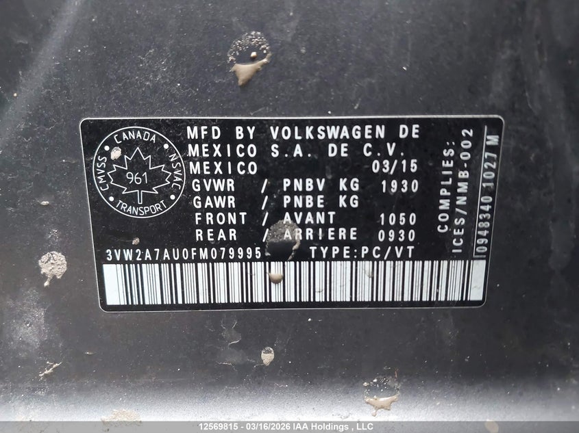 2015 Volkswagen Golf Tdi VIN: 3VW2A7AU0FM079995 Lot: 12569815